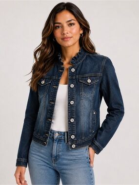 Baccini Ruffle Collar Denim Jacket Women’s Medium Stretch Blue Jean Jacket